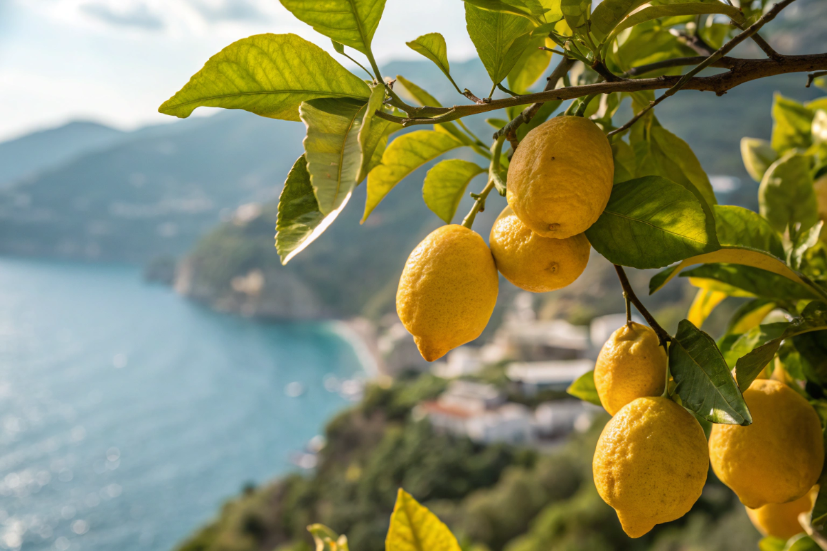 Limoni maturi della Costiera Amalfitana su rami con vista sul mare Mediterraneo