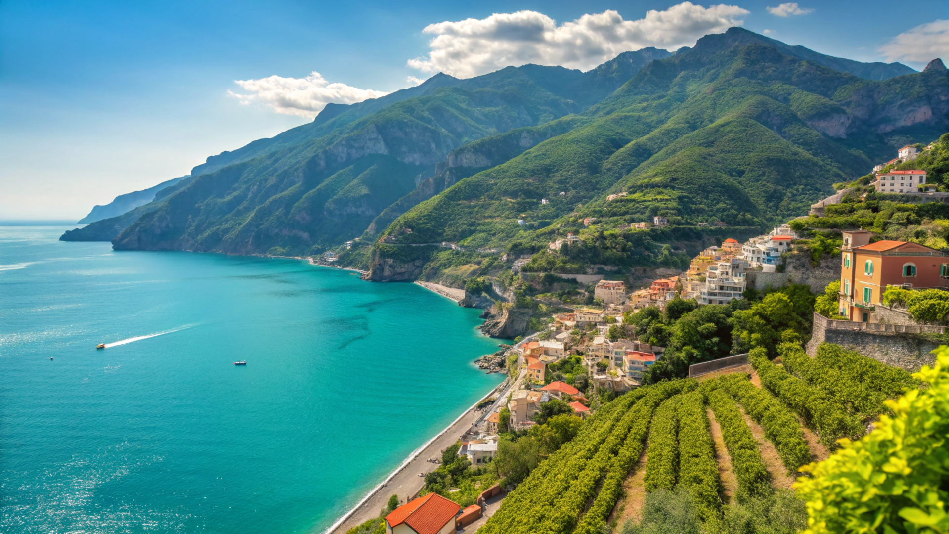 Panorama di Maiori in Costiera Amalfitana con limoneti e mare turchese